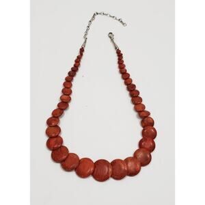 Vintage Orange Red Sponge Coral Disc Bead Sunburst Sterling Silver Necklace